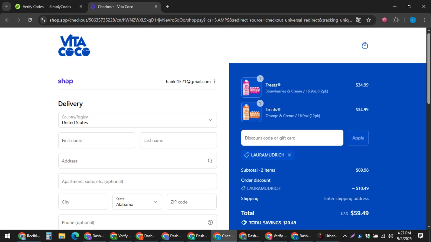 Vita Coco coupon code screenshot showing code Lauramudrich applied at Vita Coco checkout page. Uploaded by SimplyCodes community member hankt1521 on Sep 2, 2025