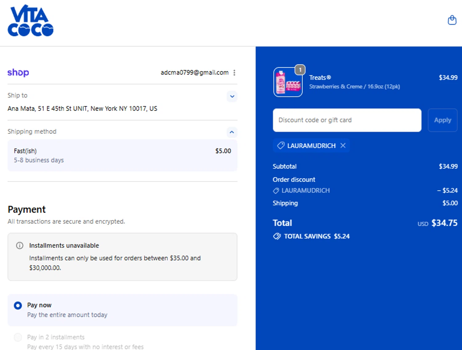 Vita Coco coupon code screenshot showing code Lauramudrich applied at Vita Coco checkout page. Uploaded by SimplyCodes community member peachee on Nov 7, 2025