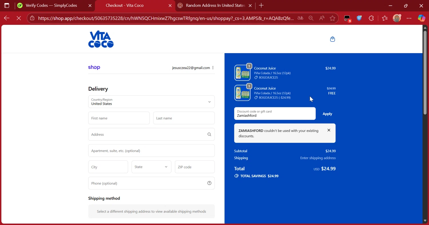 Vita Coco coupon code screenshot showing code Zamiashford applied at Vita Coco checkout page. Uploaded by SimplyCodes community member DiscountScout1417 on Nov 18, 2025