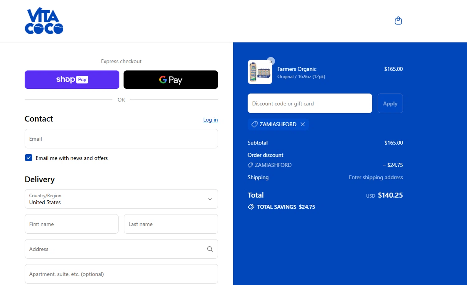 Vita Coco coupon code screenshot showing code Zamiashford applied at Vita Coco checkout page. Uploaded by SimplyCodes community member NobleCurator8685 on Jul 13, 2025