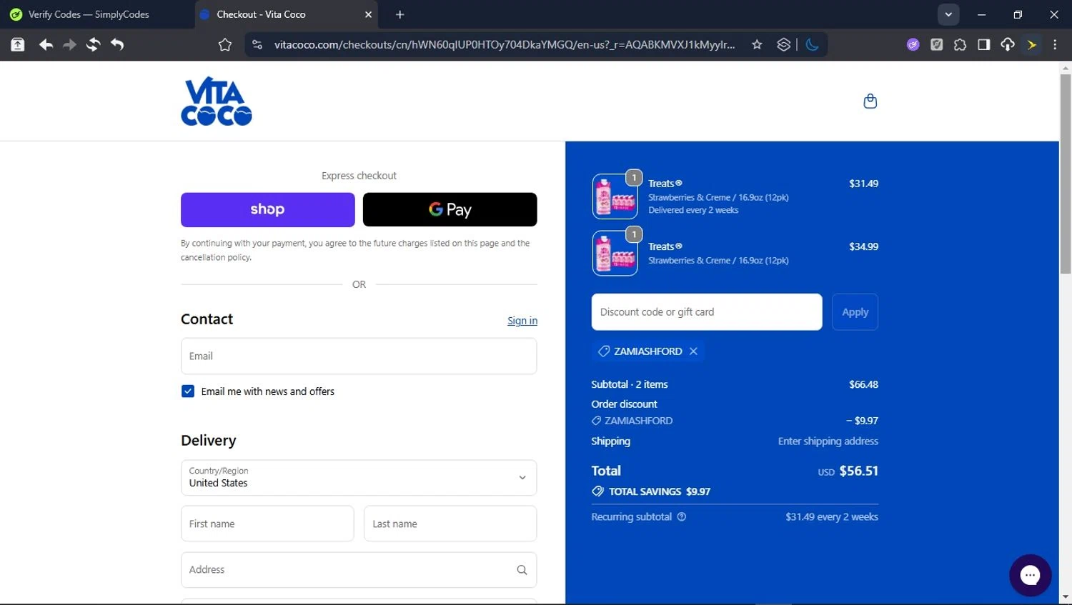 Vita Coco coupon code screenshot showing code Zamiashford applied at Vita Coco checkout page. Uploaded by SimplyCodes community member userrandon on Dec 3, 2025