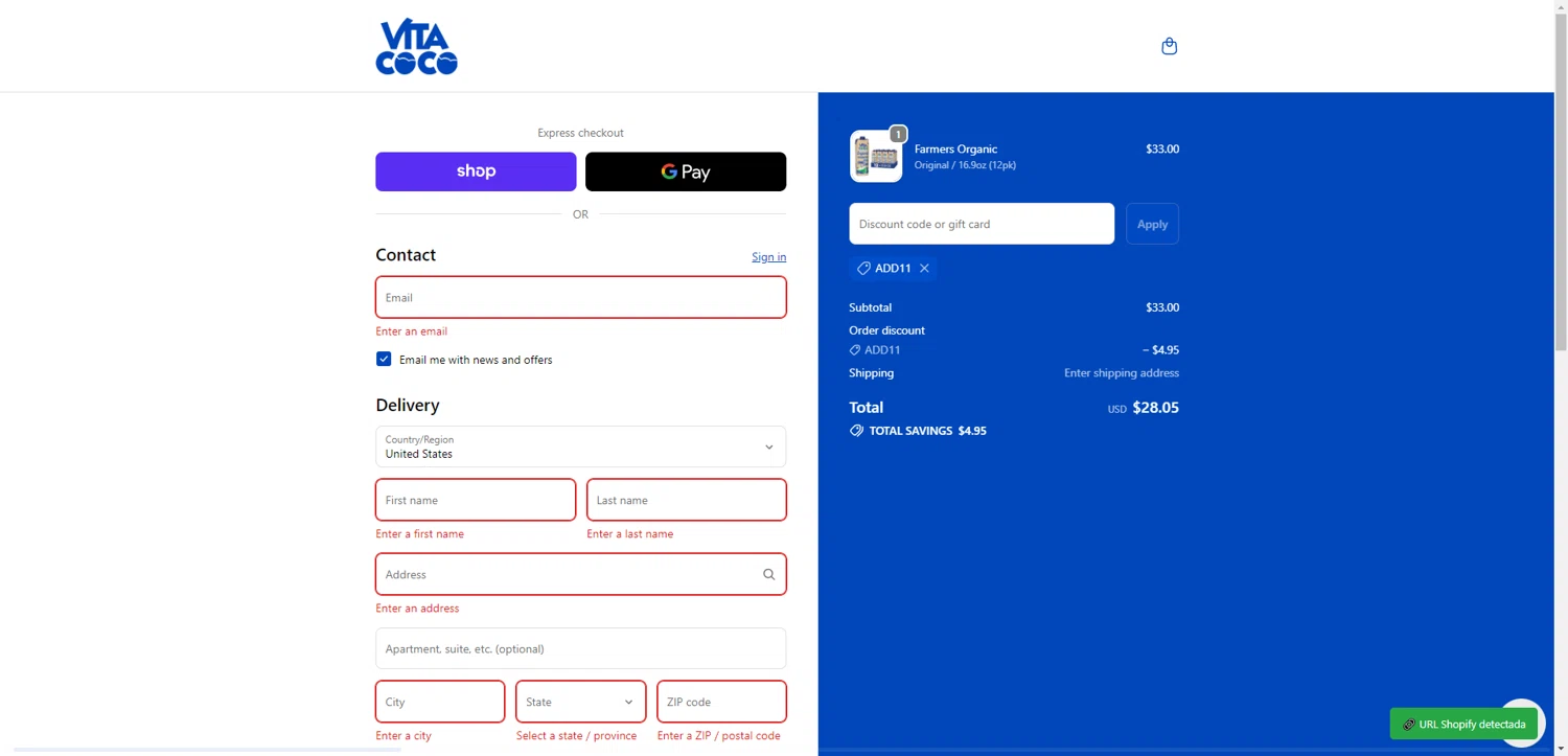 Vita Coco checkout page showing Vita Coco coupon code box | Screenshot taken by SimplyCodes community member on Feb 6, 2026