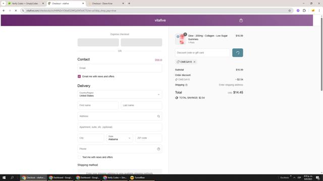VitaFive checkout page showing VitaFive coupon code box | Screenshot taken by SimplyCodes community member on Sep 9, 2025