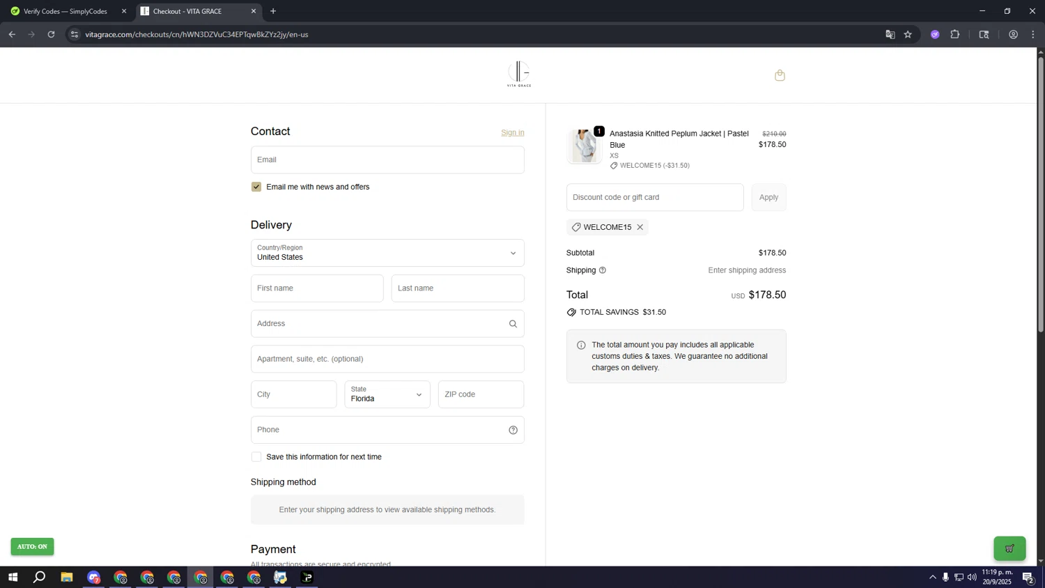 VITA GRACE discount code screenshot showing code WELCOME15 applied at VITA GRACE checkout page. Uploaded by SimplyCodes community member gggggggggggggggggggggg on Sep 21, 2025