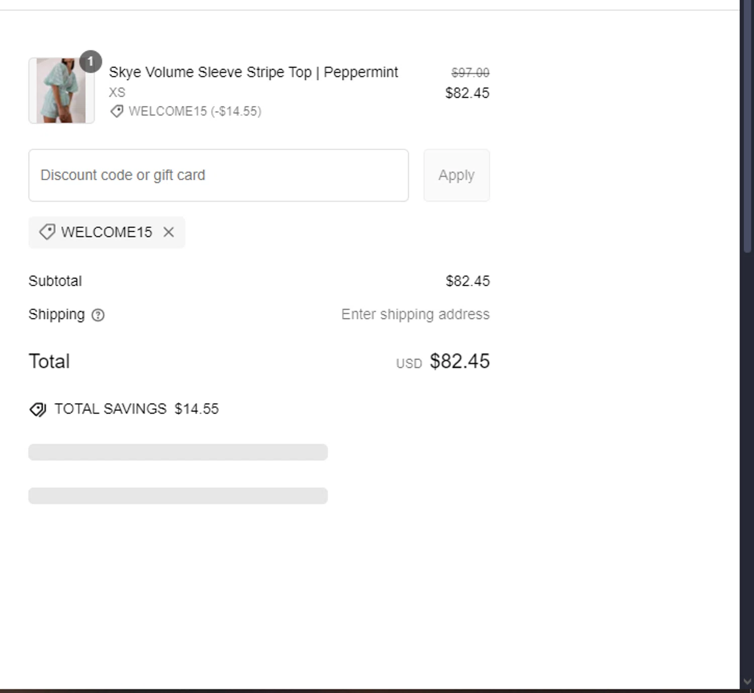 VITA GRACE discount code screenshot showing code WELCOME15 applied at VITA GRACE checkout page. Uploaded by SimplyCodes community member sapphire_nitro on Feb 10, 2025