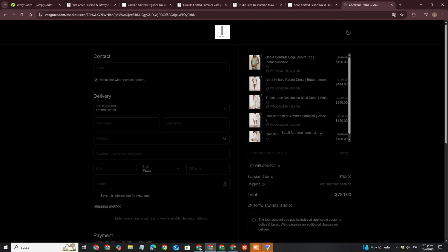 VITA GRACE discount code screenshot showing code WELCOME20 applied at VITA GRACE checkout page. Uploaded by SimplyCodes community member CouponLynx4375 on Jun 15, 2025