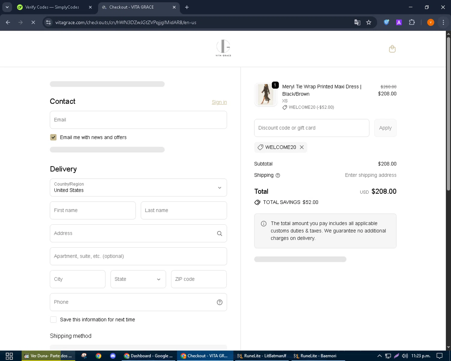 VITA GRACE discount code screenshot showing code WELCOME20 applied at VITA GRACE checkout page. Uploaded by SimplyCodes community member bulbasaur69 on Sep 21, 2025