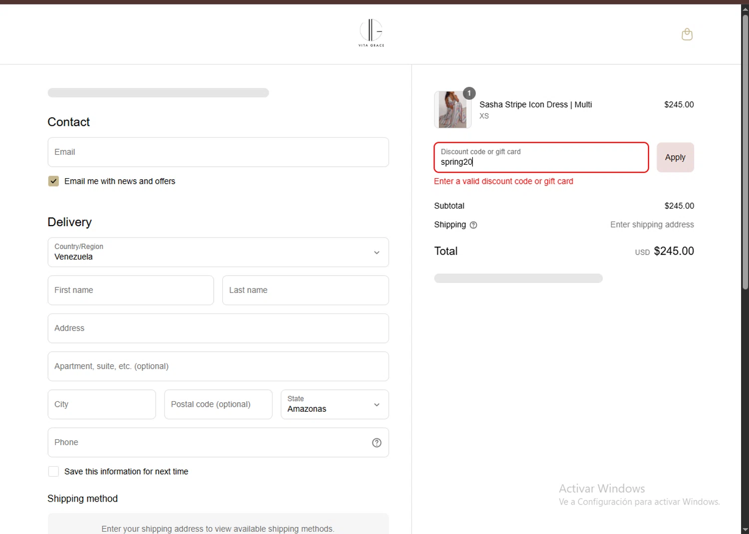 VITA GRACE discount code screenshot showing code spring20 applied at VITA GRACE checkout page. Uploaded by SimplyCodes community member MagnificentTitan8616 on Jun 12, 2025