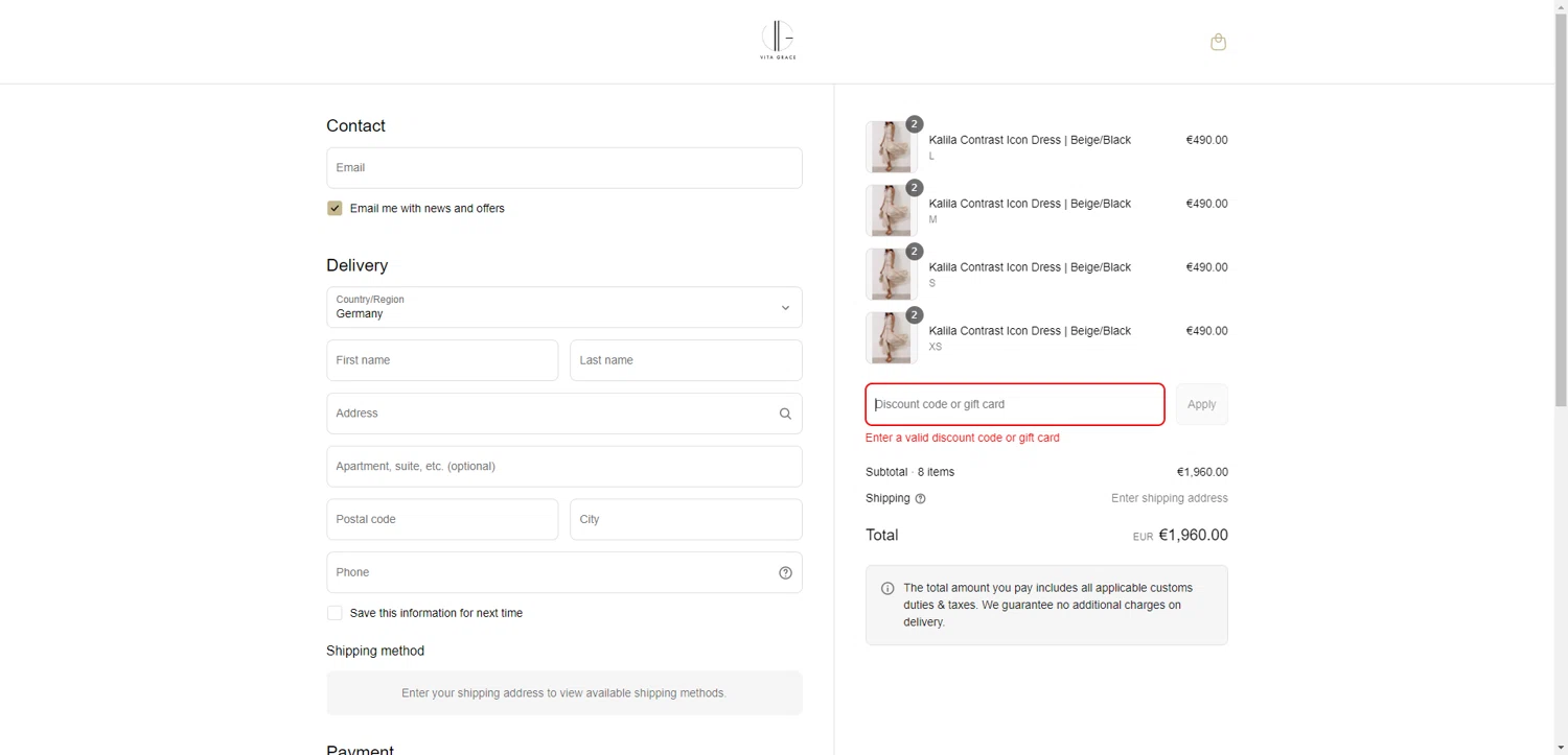 VITA GRACE discount code screenshot showing code spring20 applied at VITA GRACE checkout page. Uploaded by SimplyCodes community member RewardTitan728 on Jun 12, 2025