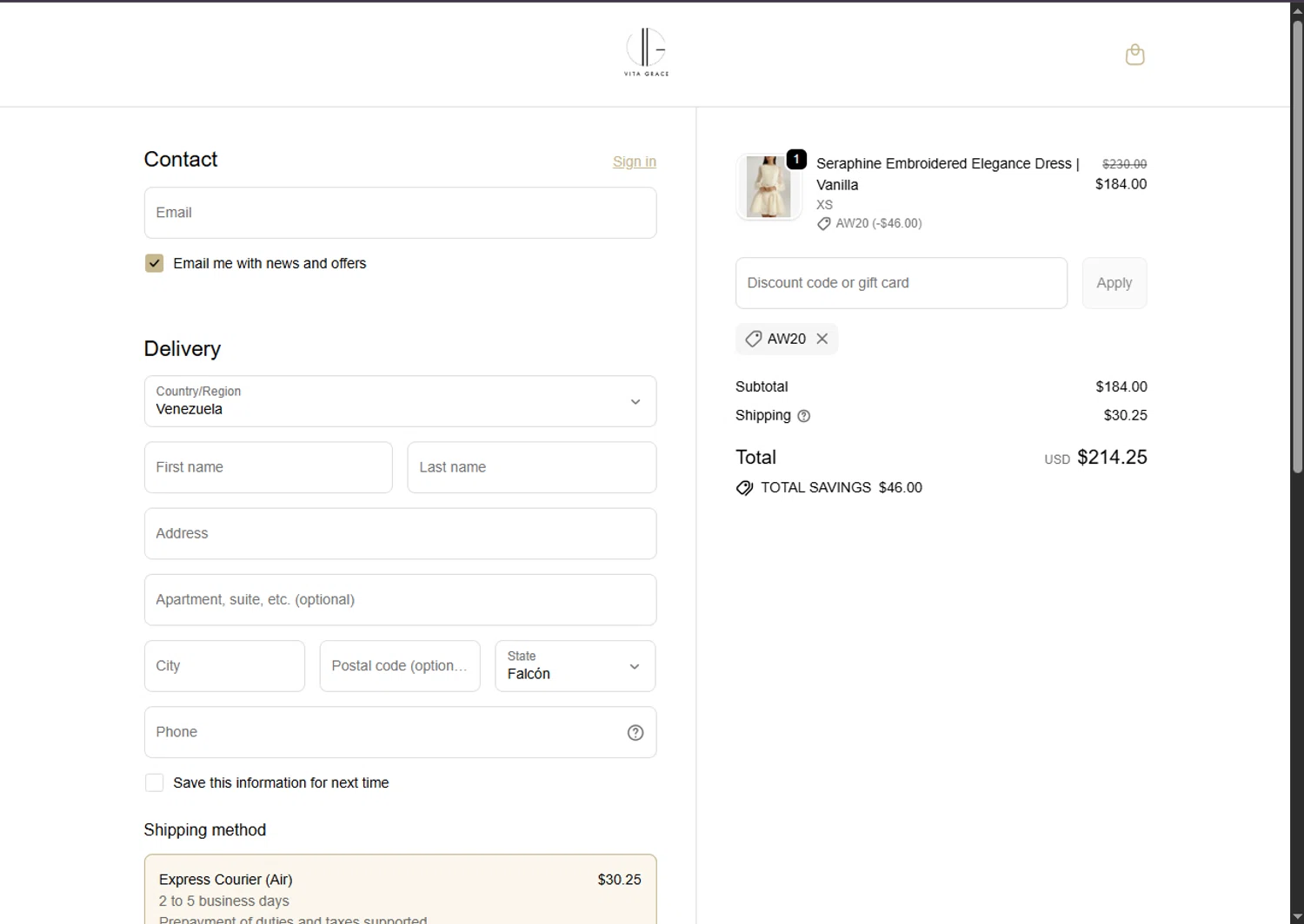 VITA GRACE discount code screenshot showing code AW20 applied at VITA GRACE checkout page. Uploaded by SimplyCodes community member SalePhoenix2220 on Dec 11, 2025