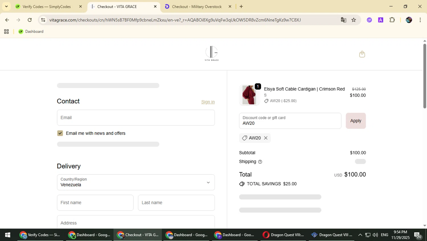 VITA GRACE discount code screenshot showing code AW20 applied at VITA GRACE checkout page. Uploaded by SimplyCodes community member Typhlosion on Nov 30, 2025