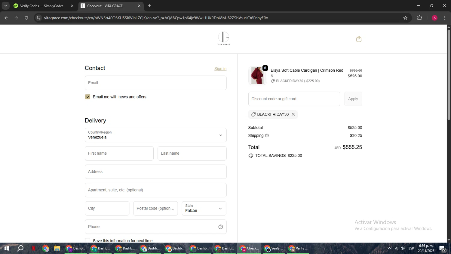 VITA GRACE discount code screenshot showing code BLACKFRIDAY30 applied at VITA GRACE checkout page. Uploaded by SimplyCodes community member BMWGS1200 on Nov 29, 2025