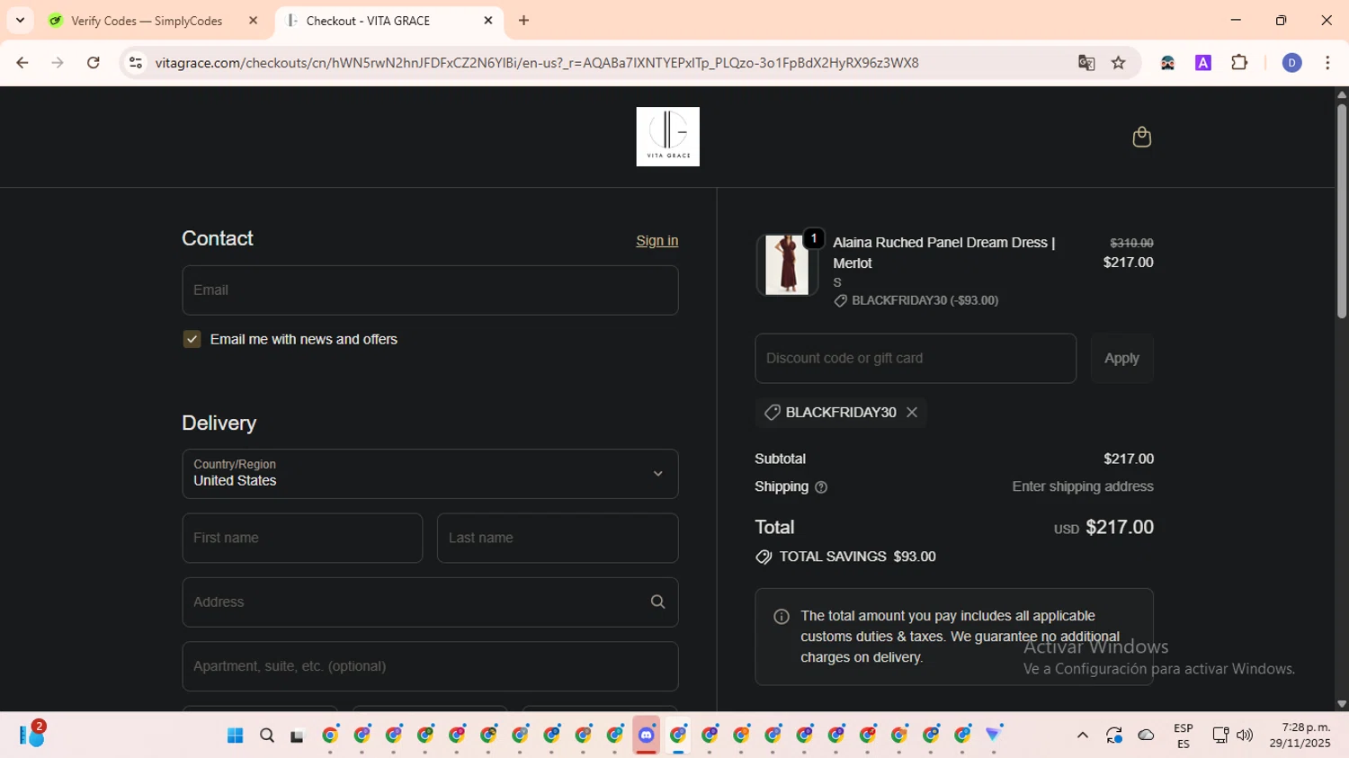VITA GRACE discount code screenshot showing code BLACKFRIDAY30 applied at VITA GRACE checkout page. Uploaded by SimplyCodes community member RewardOwl5959 on Nov 29, 2025