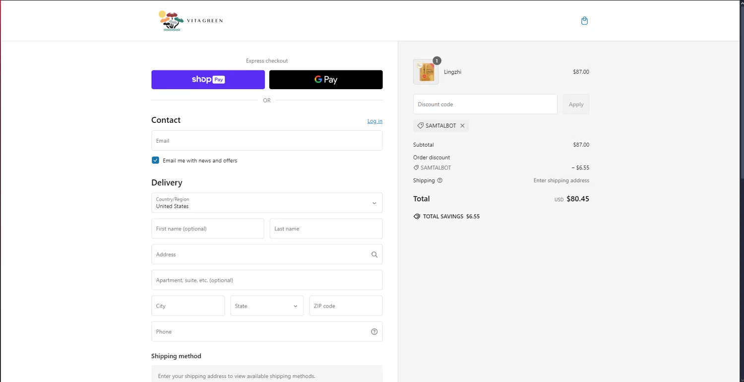 Vita Green promo code screenshot showing code SAMTALBOT applied at Vita Green checkout page. Uploaded by SimplyCodes community member MightyTitan865 on Feb 14, 2025