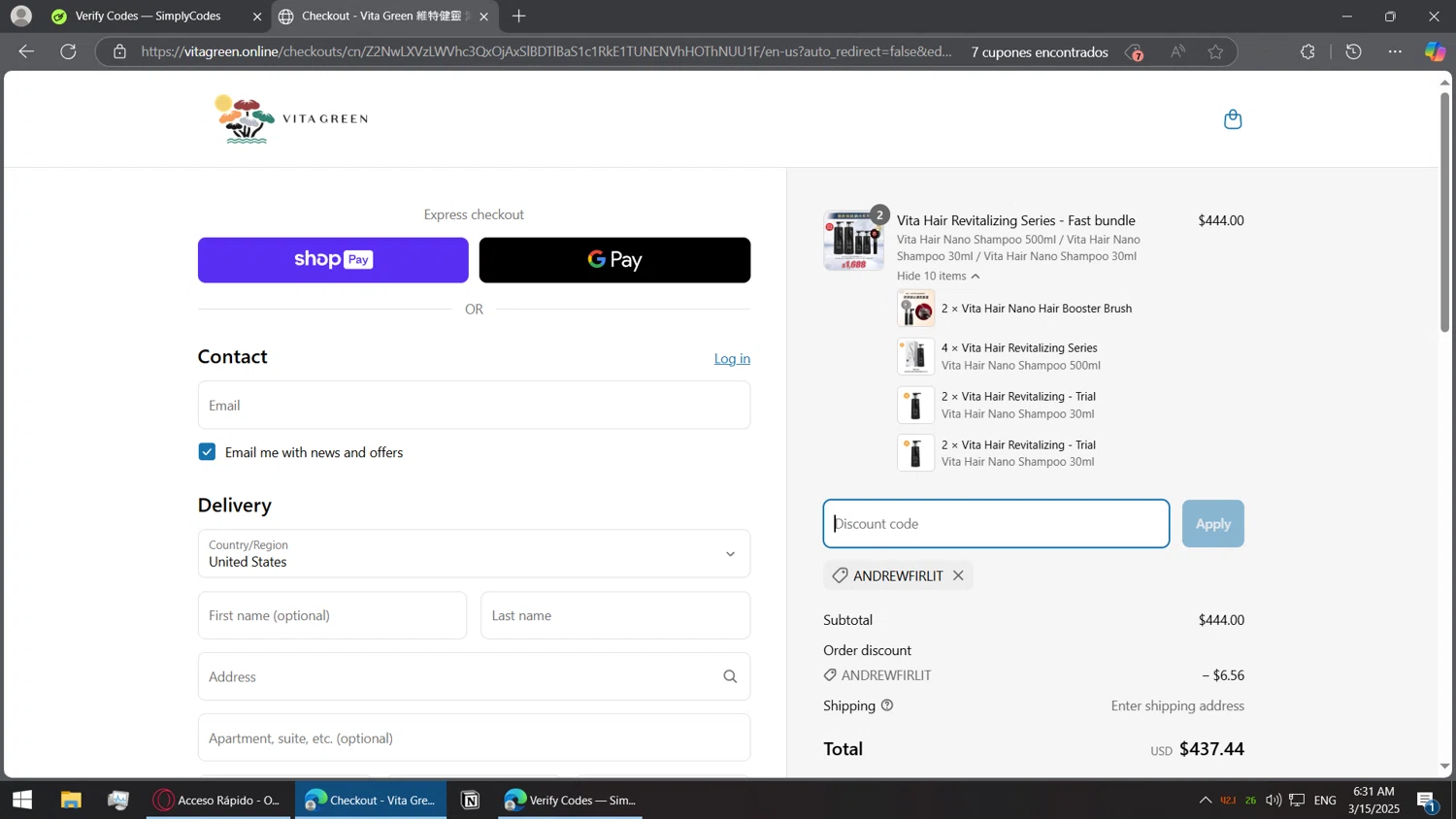 Vita Green promo code screenshot showing code ANDREWFIRLIT applied at Vita Green checkout page. Uploaded by SimplyCodes community member BorgeZzz on Mar 15, 2025