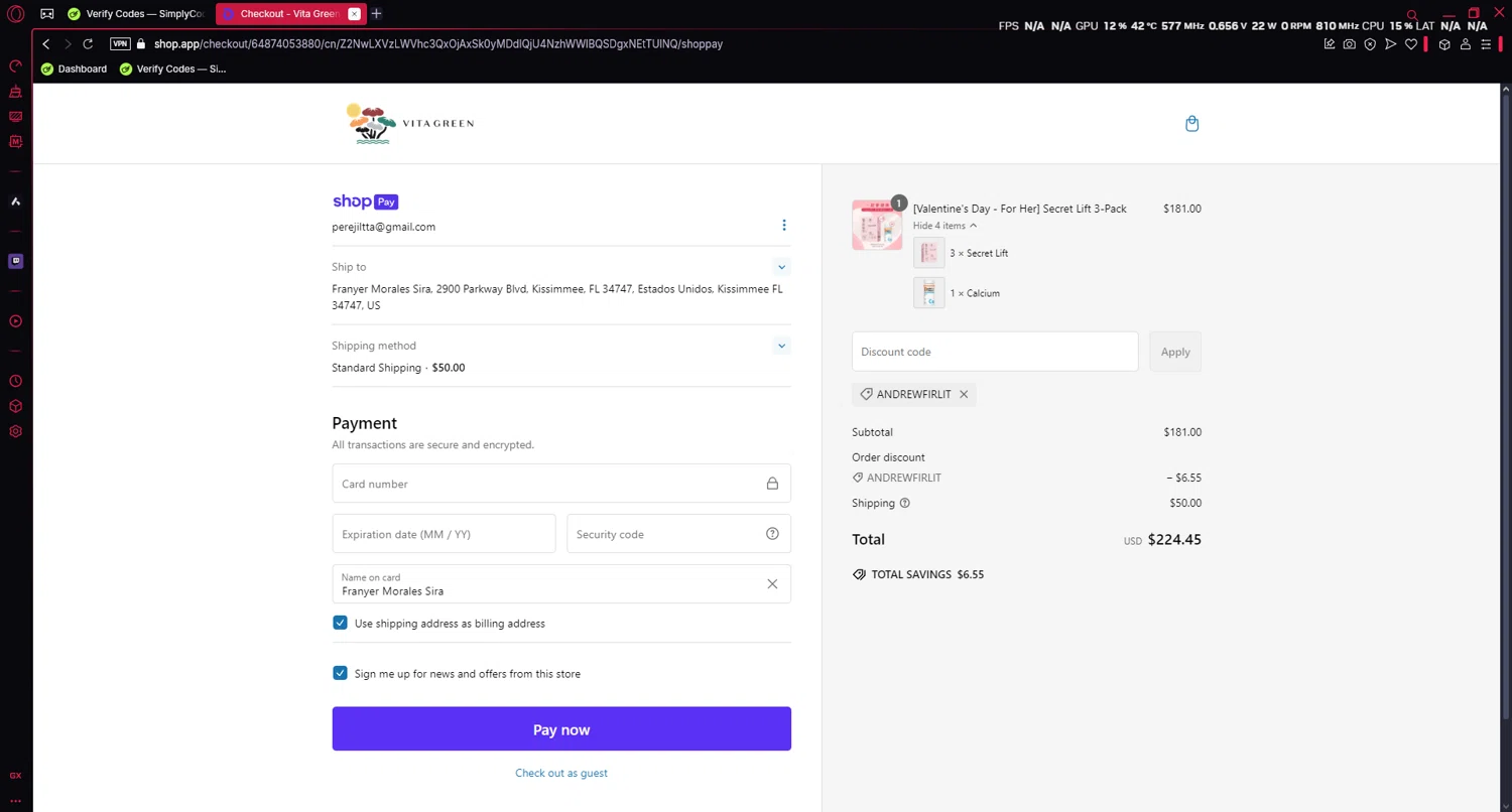 Vita Green promo code screenshot showing code ANDREWFIRLIT applied at Vita Green checkout page. Uploaded by SimplyCodes community member Yezzzcose on Feb 14, 2025