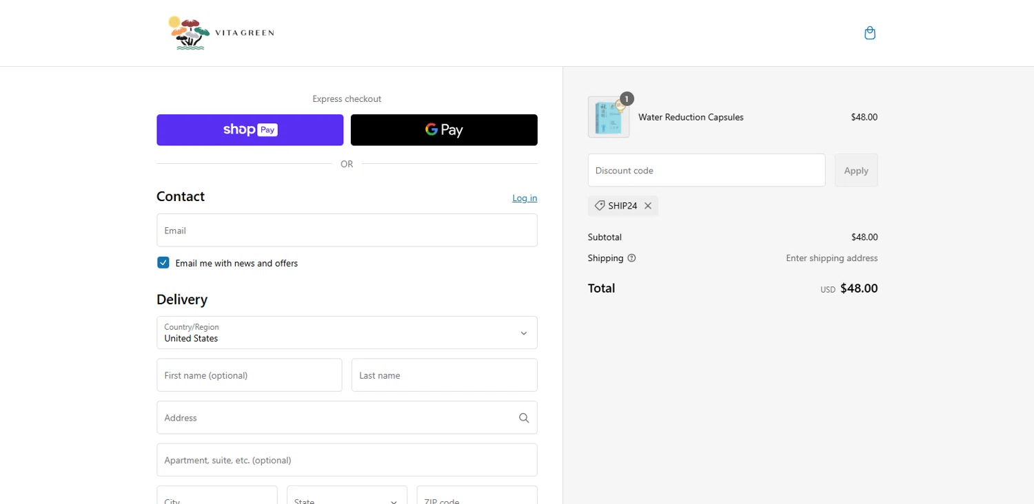 Vita Green promo code screenshot showing code SHIP24 applied at Vita Green checkout page. Uploaded by SimplyCodes community member dimitriv on Feb 26, 2025