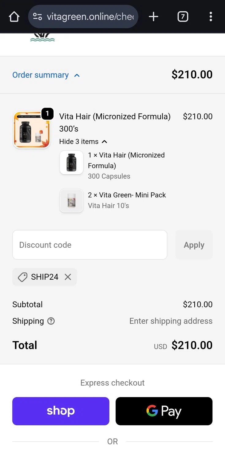 Vita Green promo code screenshot showing code SHIP24 applied at Vita Green checkout page. Uploaded by SimplyCodes community member gerardlaya on Oct 13, 2025