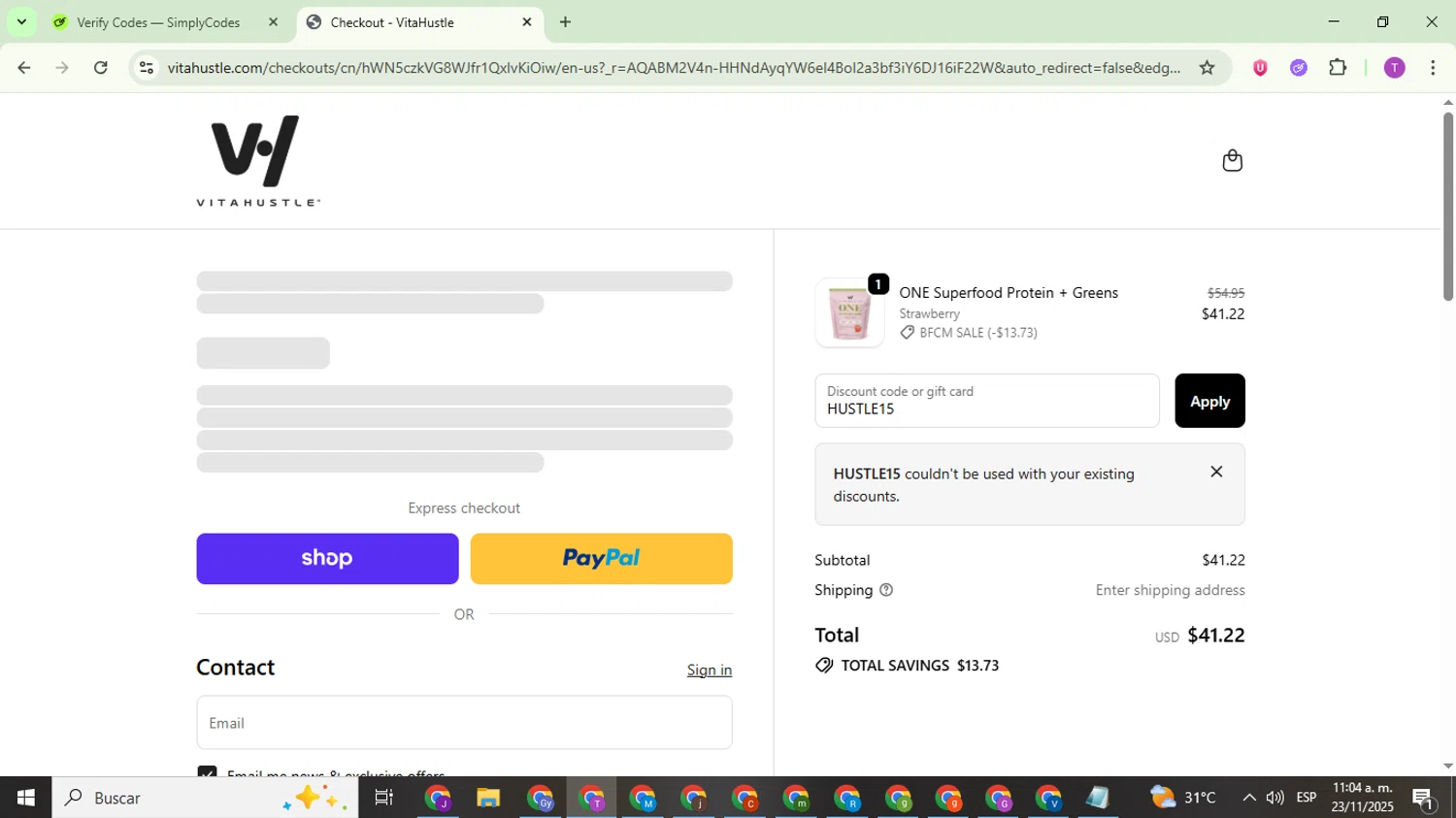 VitaHustle discount code screenshot showing code HUSTLE15 applied at VitaHustle checkout page. Uploaded by SimplyCodes community member ThriftyCurator4085 on Nov 23, 2025