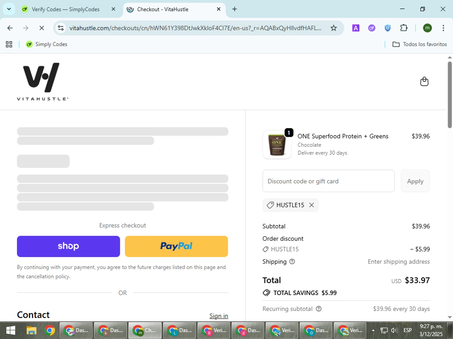 VitaHustle discount code screenshot showing code HUSTLE15 applied at VitaHustle checkout page. Uploaded by SimplyCodes community member VoucherCollector9196 on Dec 4, 2025
