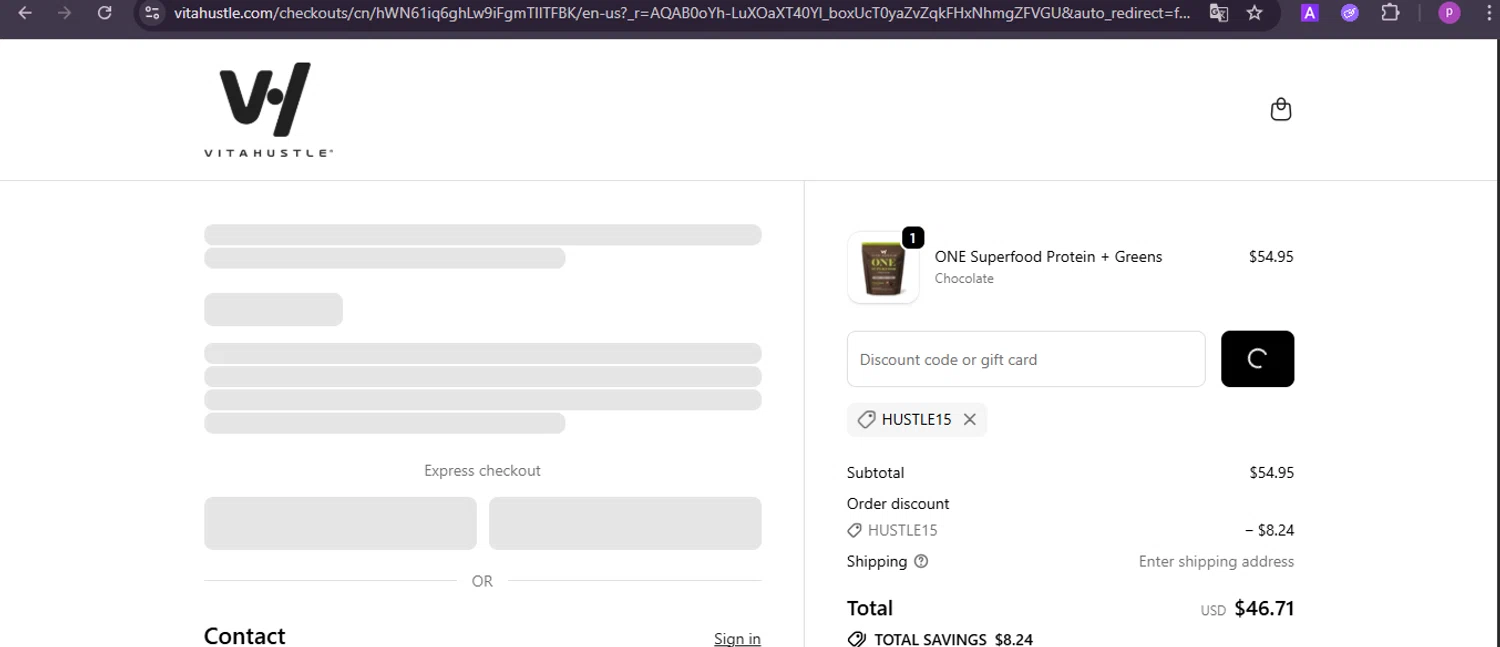 VitaHustle discount code screenshot showing code HUSTLE15 applied at VitaHustle checkout page. Uploaded by SimplyCodes community member firoas on Dec 4, 2025