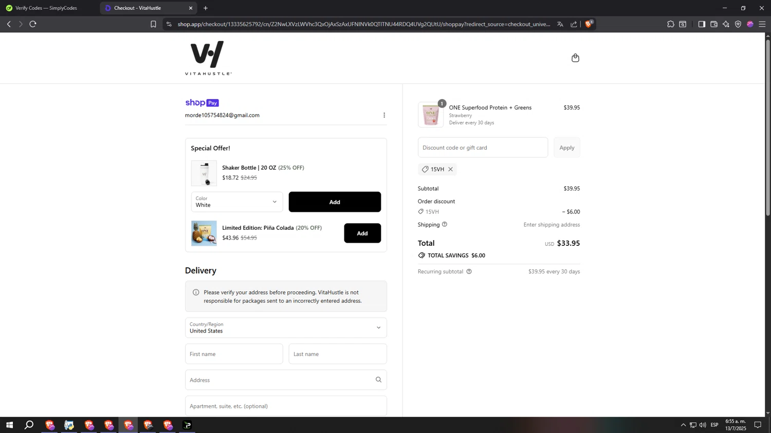 VitaHustle discount code screenshot showing code 15VH applied at VitaHustle checkout page. Uploaded by SimplyCodes community member gggggggggggggggggggggg on Jul 13, 2025