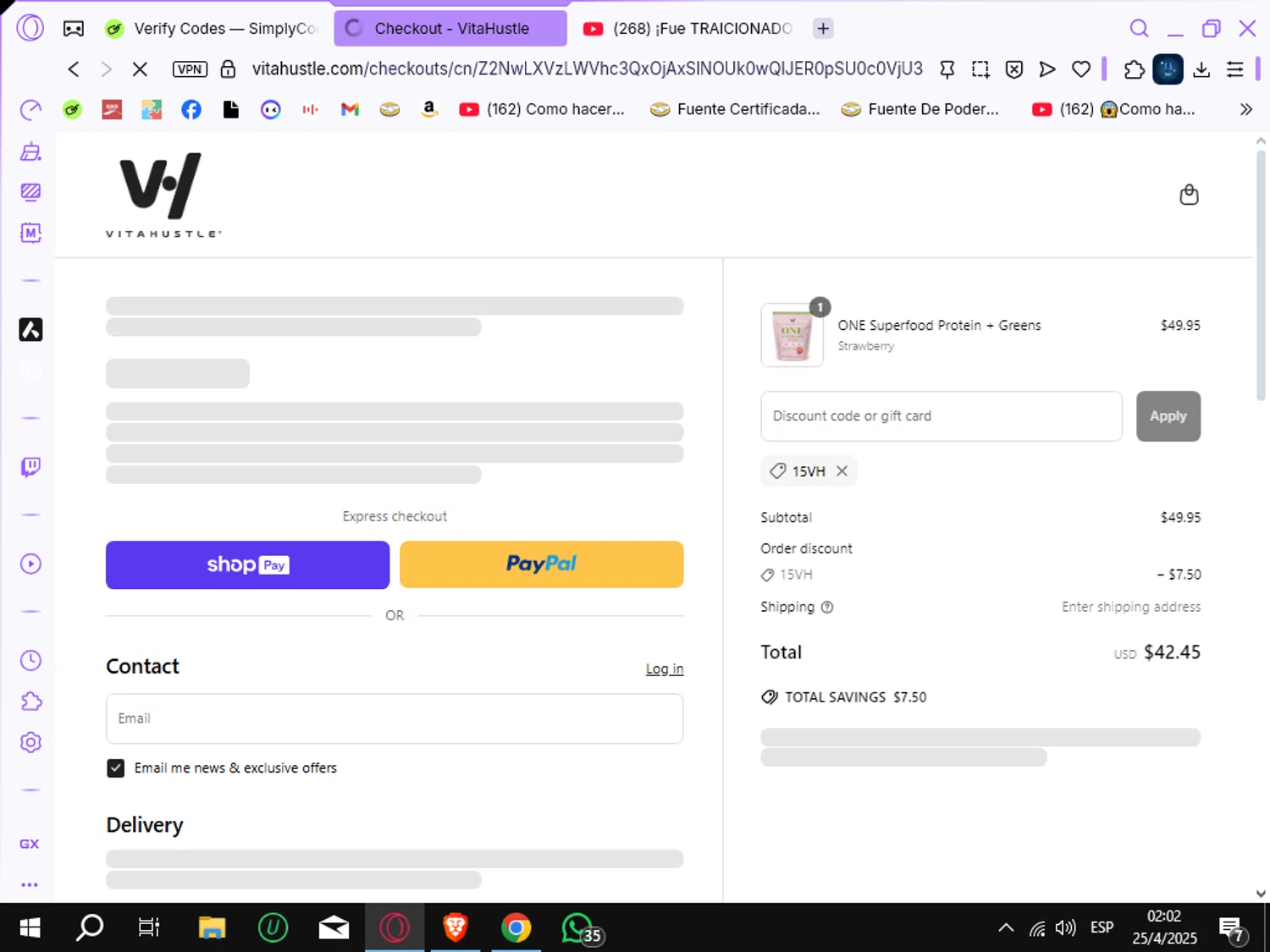 VitaHustle discount code screenshot showing code 15VH applied at VitaHustle checkout page. Uploaded by SimplyCodes community member Crchirino1 on Apr 25, 2025