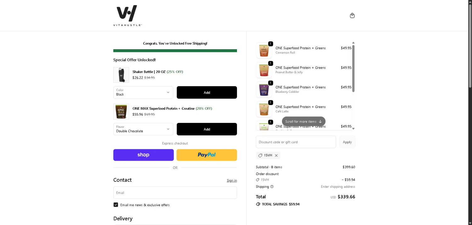 VitaHustle checkout page showing VitaHustle discount code box | Screenshot taken by SimplyCodes community member on Feb 8, 2026