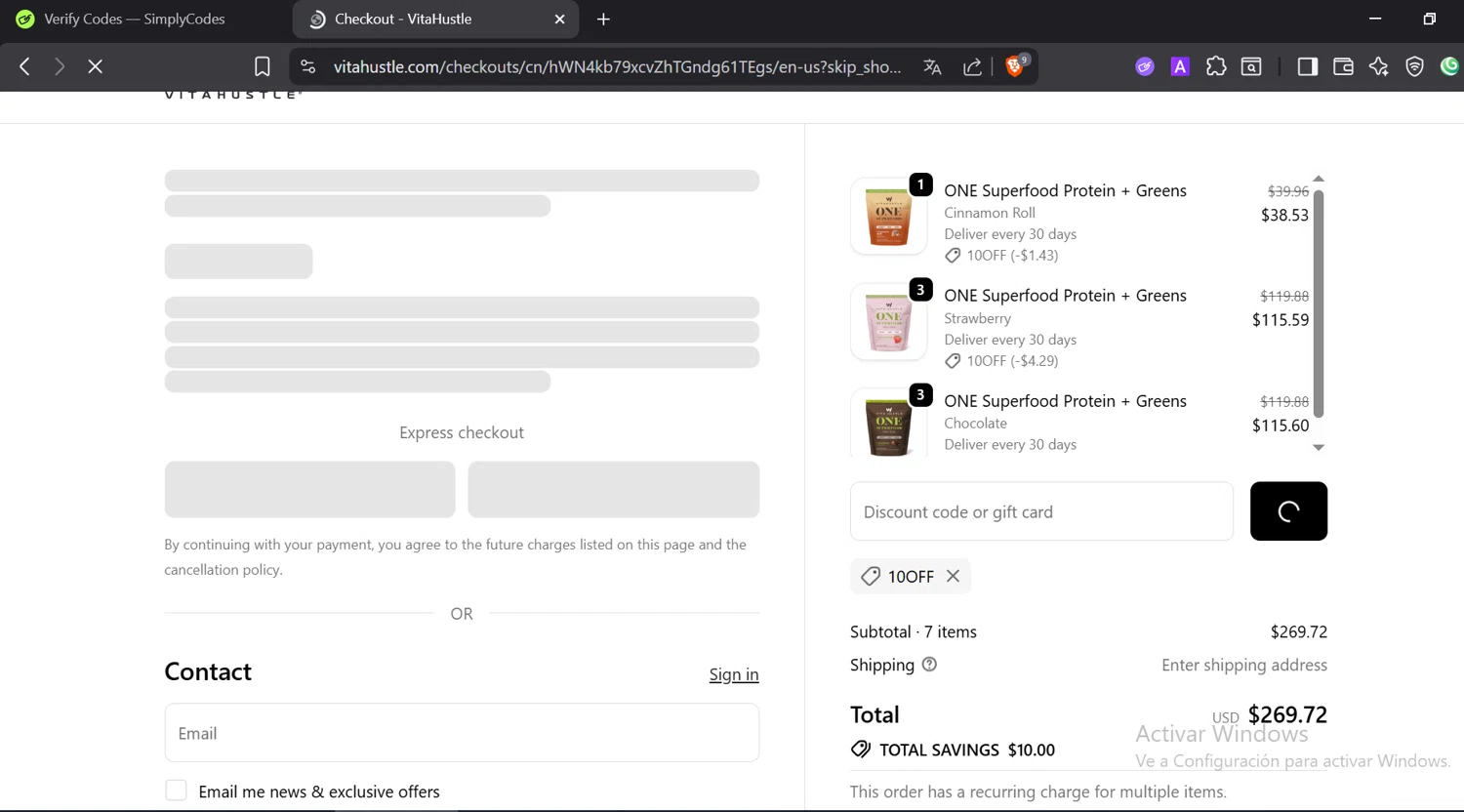 VitaHustle discount code screenshot showing code 10OFF applied at VitaHustle checkout page. Uploaded by SimplyCodes community member CashElite5536 on Oct 31, 2025