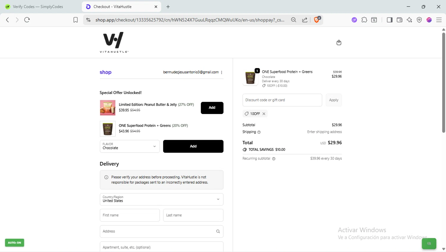 VitaHustle discount code screenshot showing code 10OFF applied at VitaHustle checkout page. Uploaded by SimplyCodes community member LaVelaEnPinta on Nov 7, 2025