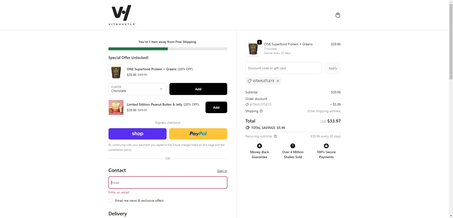 VitaHustle discount code screenshot showing code VITAHUSTLE15 applied at VitaHustle checkout page. Uploaded by SimplyCodes community member CleverHawk1744 on Oct 10, 2025