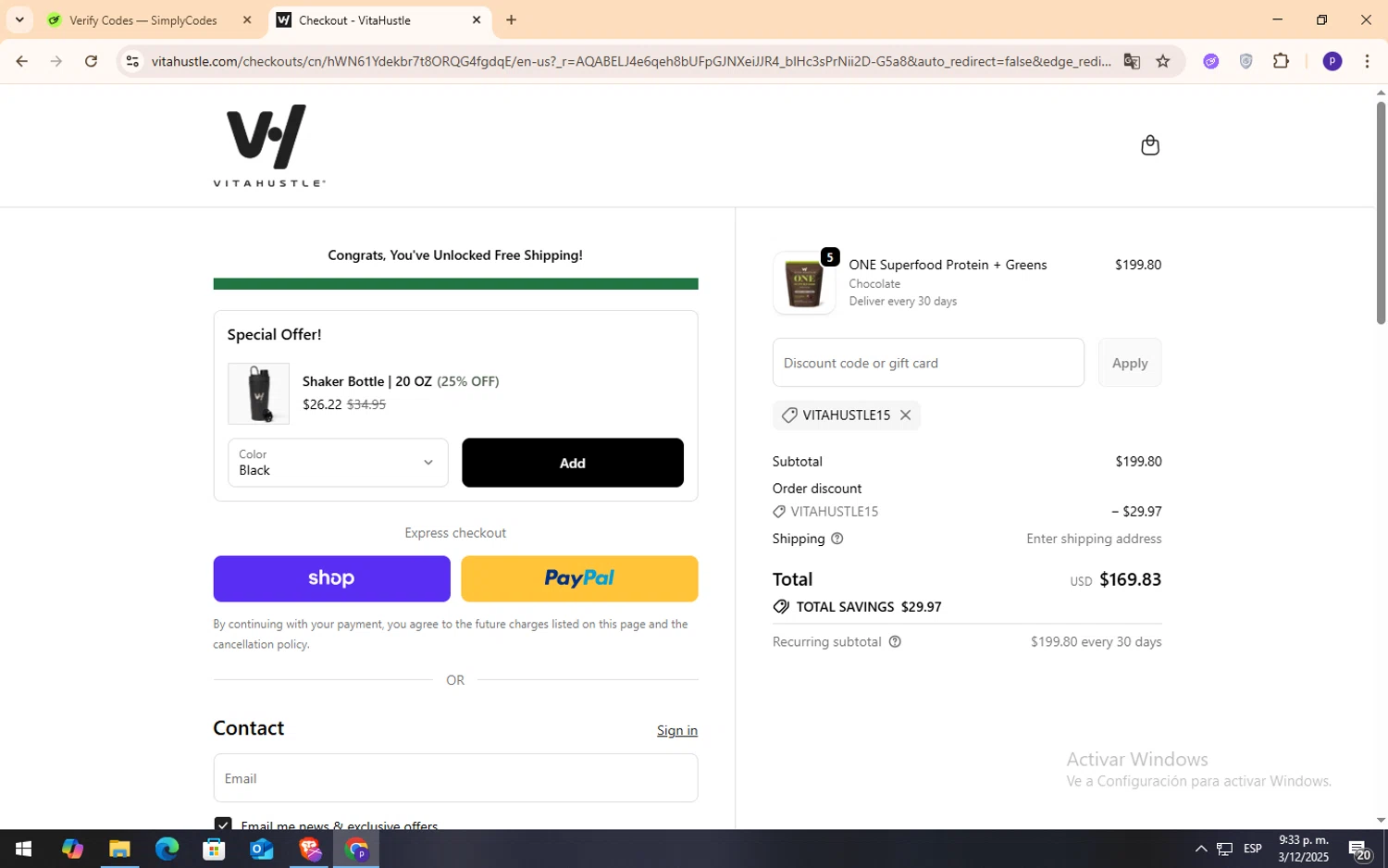 VitaHustle discount code screenshot showing code VITAHUSTLE15 applied at VitaHustle checkout page. Uploaded by SimplyCodes community member NobleFox9153 on Dec 4, 2025