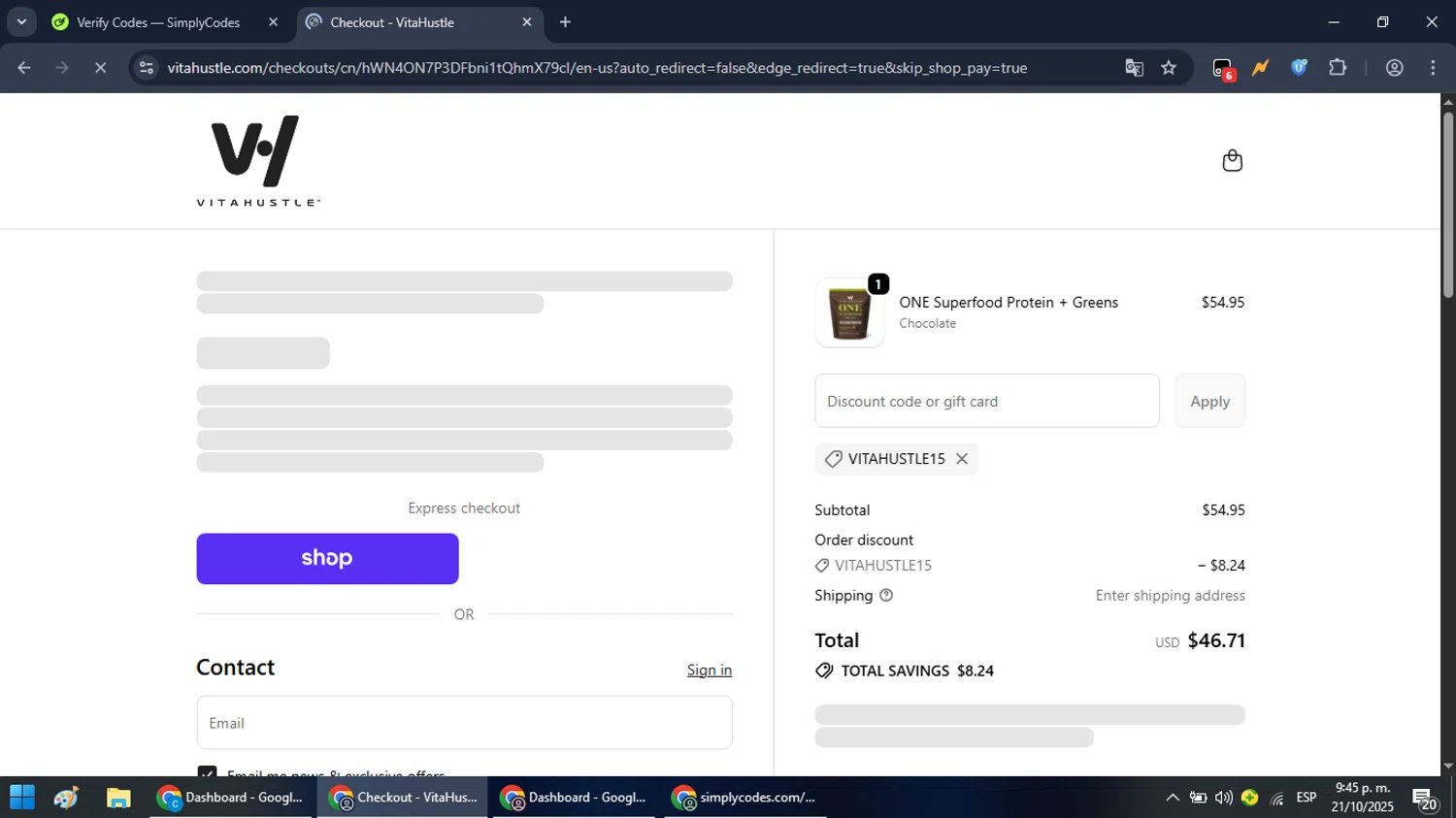 VitaHustle discount code screenshot showing code VITAHUSTLE15 applied at VitaHustle checkout page. Uploaded by SimplyCodes community member RebateRanger5627 on Oct 22, 2025