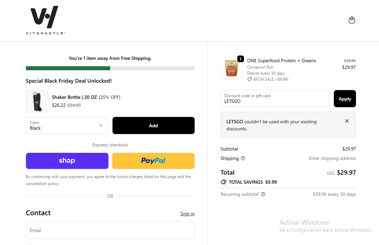 VitaHustle discount code screenshot showing code LETSGO applied at VitaHustle checkout page. Uploaded by SimplyCodes community member Lestara_23 on Nov 23, 2025