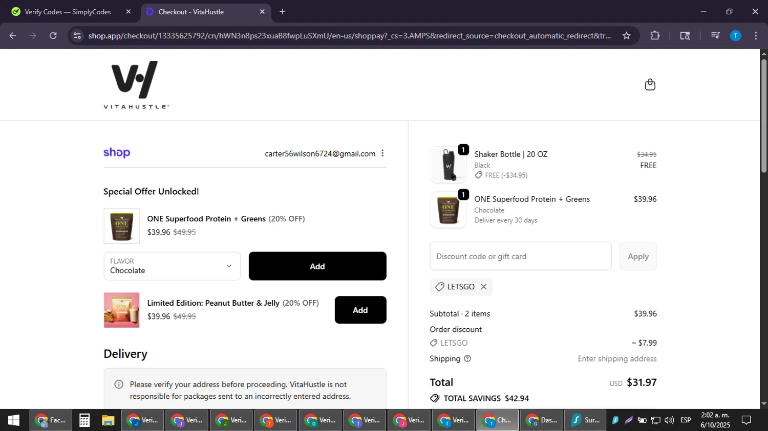 VitaHustle discount code screenshot showing code LETSGO applied at VitaHustle checkout page. Uploaded by SimplyCodes community member LuckyPioneer4530 on Oct 6, 2025