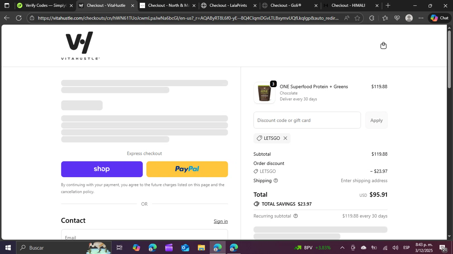 VitaHustle discount code screenshot showing code LETSGO applied at VitaHustle checkout page. Uploaded by SimplyCodes community member swiftie on Dec 4, 2025