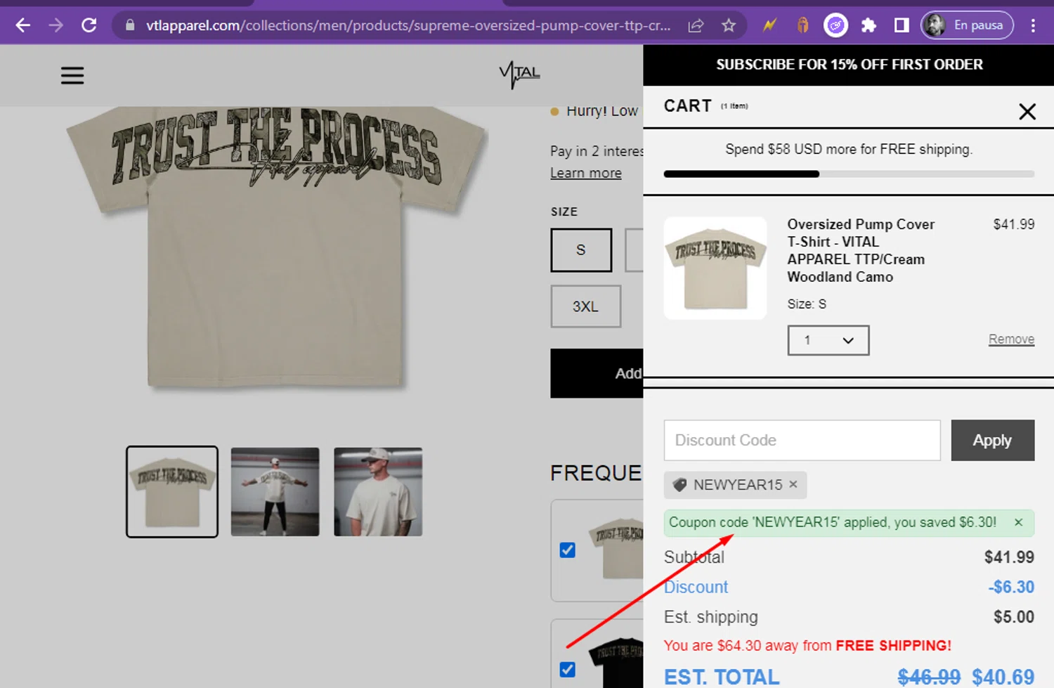 Vital Apparel discount code screenshot showing code NEWYEAR15 applied at Vital Apparel checkout page. Uploaded by SimplyCodes community member Darien on Oct 19, 2025