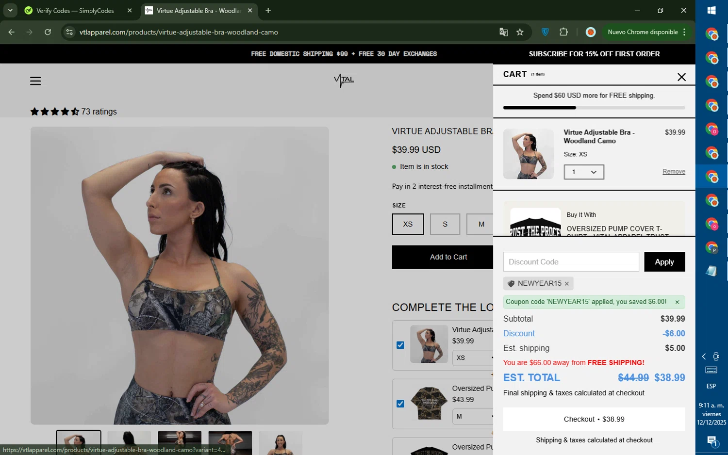 Vital Apparel discount code screenshot showing code NEWYEAR15 applied at Vital Apparel checkout page. Uploaded by SimplyCodes community member DealTiger9869 on Dec 12, 2025