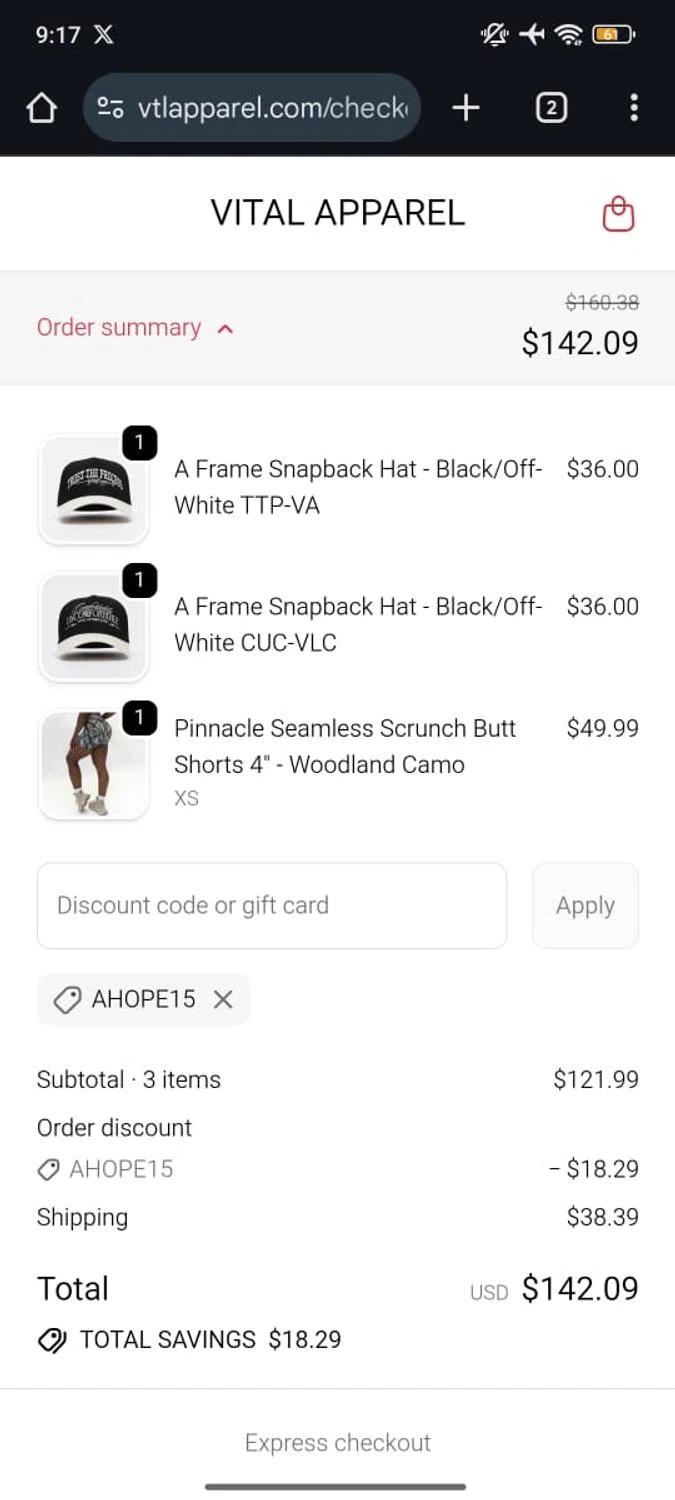 Vital Apparel discount code screenshot showing code AHope15 applied at Vital Apparel checkout page. Uploaded by SimplyCodes community member RoyalSpotter5217 on Dec 12, 2025