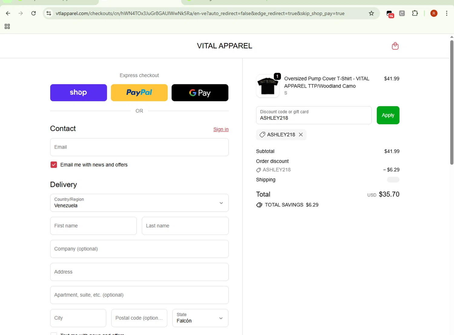 Vital Apparel discount code screenshot showing code ASHLEY218 applied at Vital Apparel checkout page. Uploaded by SimplyCodes community member BrilliantRanger8168 on Oct 24, 2025