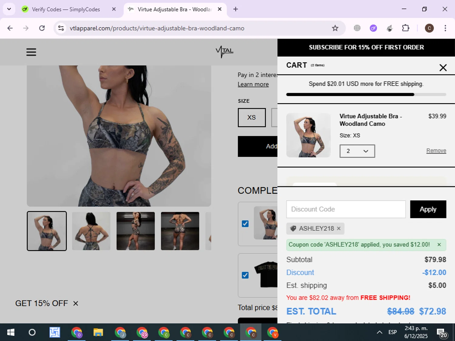 Vital Apparel discount code screenshot showing code ASHLEY218 applied at Vital Apparel checkout page. Uploaded by SimplyCodes community member ExtraordinaryPro8536 on Dec 6, 2025