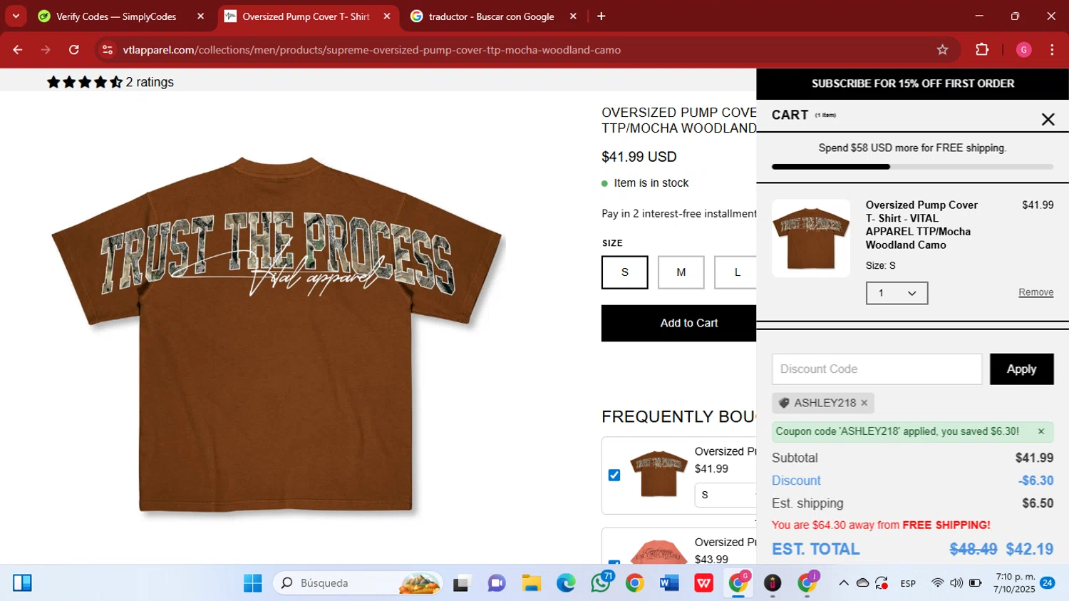 Vital Apparel discount code screenshot showing code ASHLEY218 applied at Vital Apparel checkout page. Uploaded by SimplyCodes community member GGGilbert on Oct 7, 2025