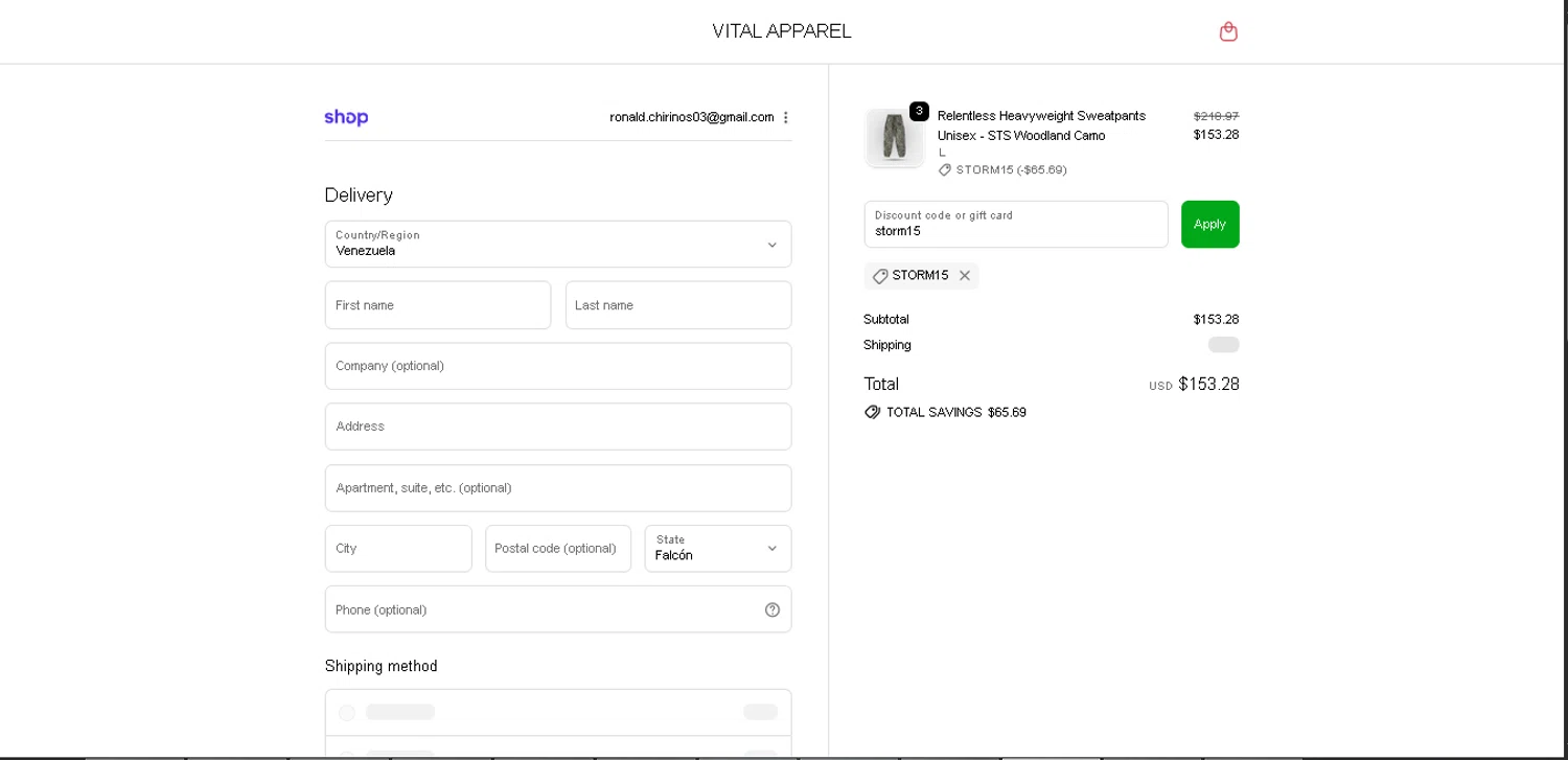 Vital Apparel discount code screenshot showing code storm15 applied at Vital Apparel checkout page. Uploaded by SimplyCodes community member PennySage5996 on Nov 26, 2025