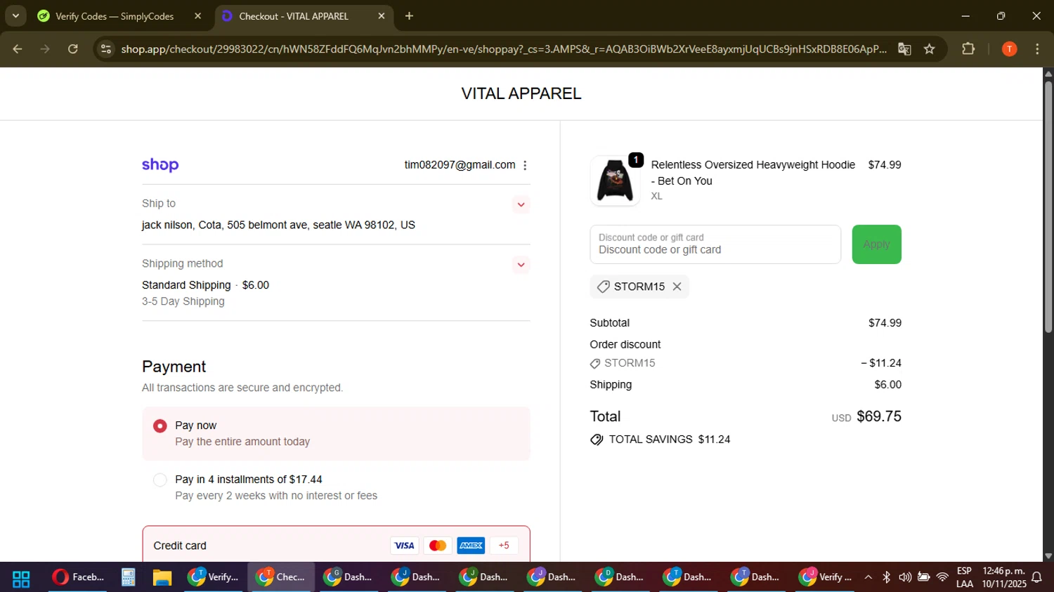 Vital Apparel discount code screenshot showing code storm15 applied at Vital Apparel checkout page. Uploaded by SimplyCodes community member ShrewdAce8338 on Nov 10, 2025