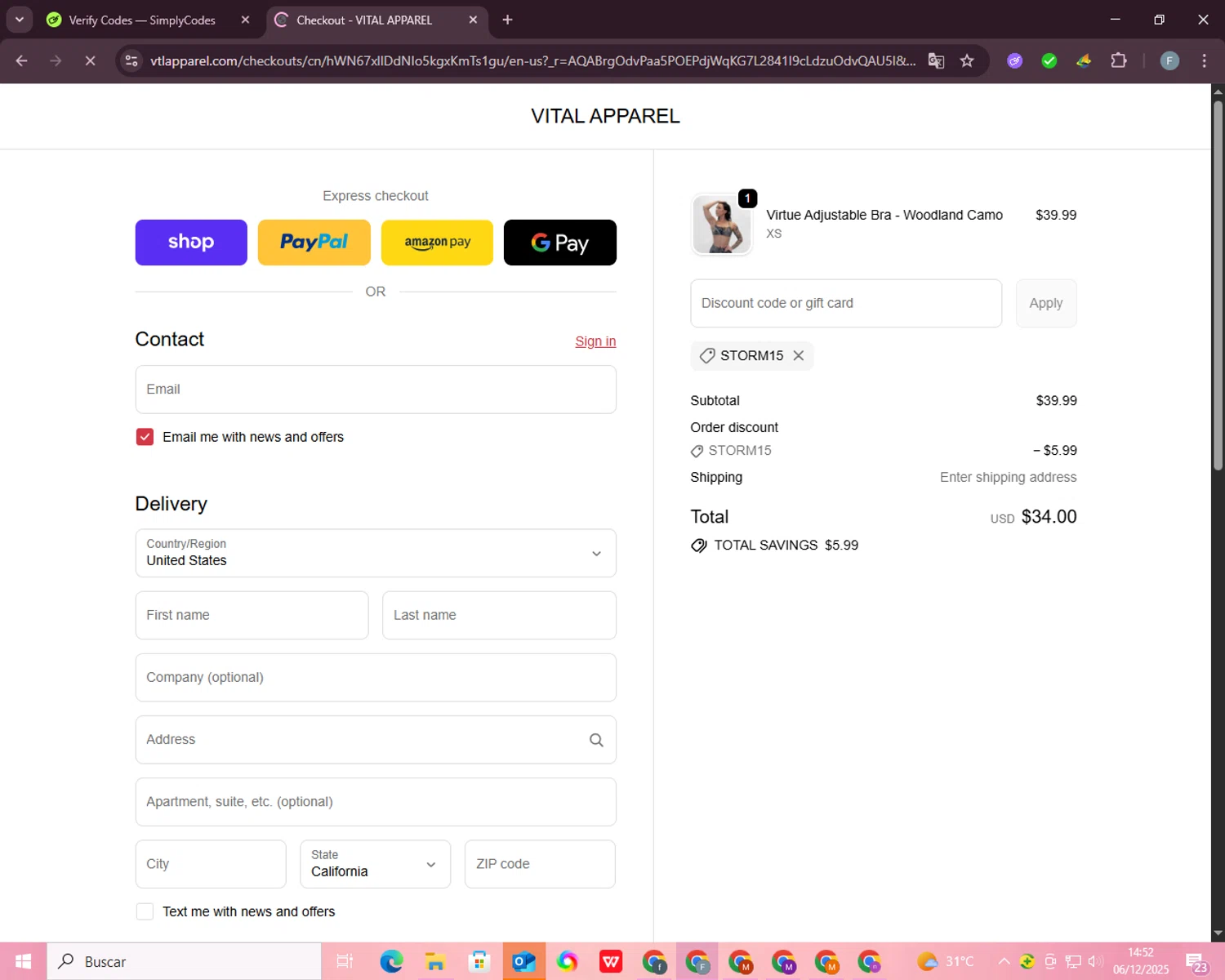 Vital Apparel discount code screenshot showing code storm15 applied at Vital Apparel checkout page. Uploaded by SimplyCodes community member WiseSeeker9794 on Dec 6, 2025
