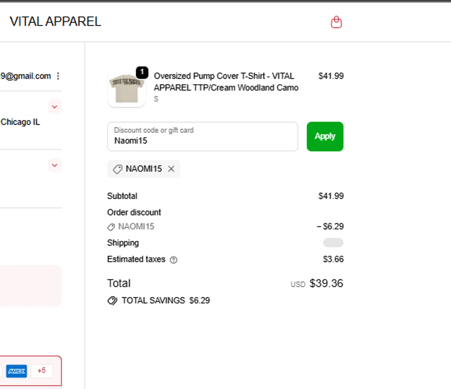 Vital Apparel discount code screenshot showing code Naomi15 applied at Vital Apparel checkout page. Uploaded by SimplyCodes community member BrilliantRanger2465 on Oct 19, 2025