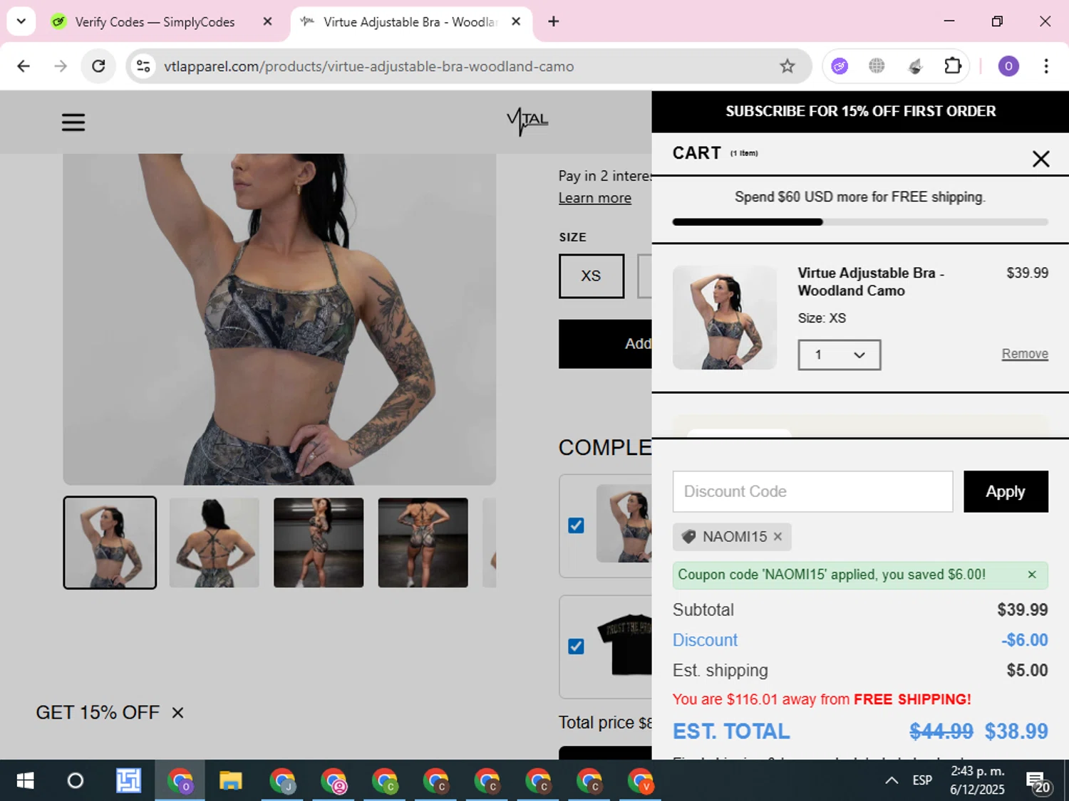 Vital Apparel discount code screenshot showing code Naomi15 applied at Vital Apparel checkout page. Uploaded by SimplyCodes community member CleverLynx8245 on Dec 6, 2025