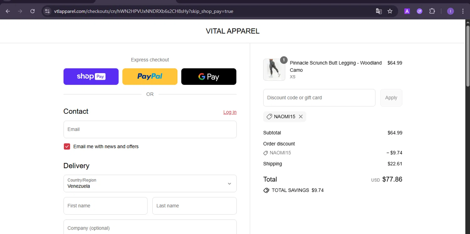 Vital Apparel discount code screenshot showing code Naomi15 applied at Vital Apparel checkout page. Uploaded by SimplyCodes community member joineds on Aug 27, 2025