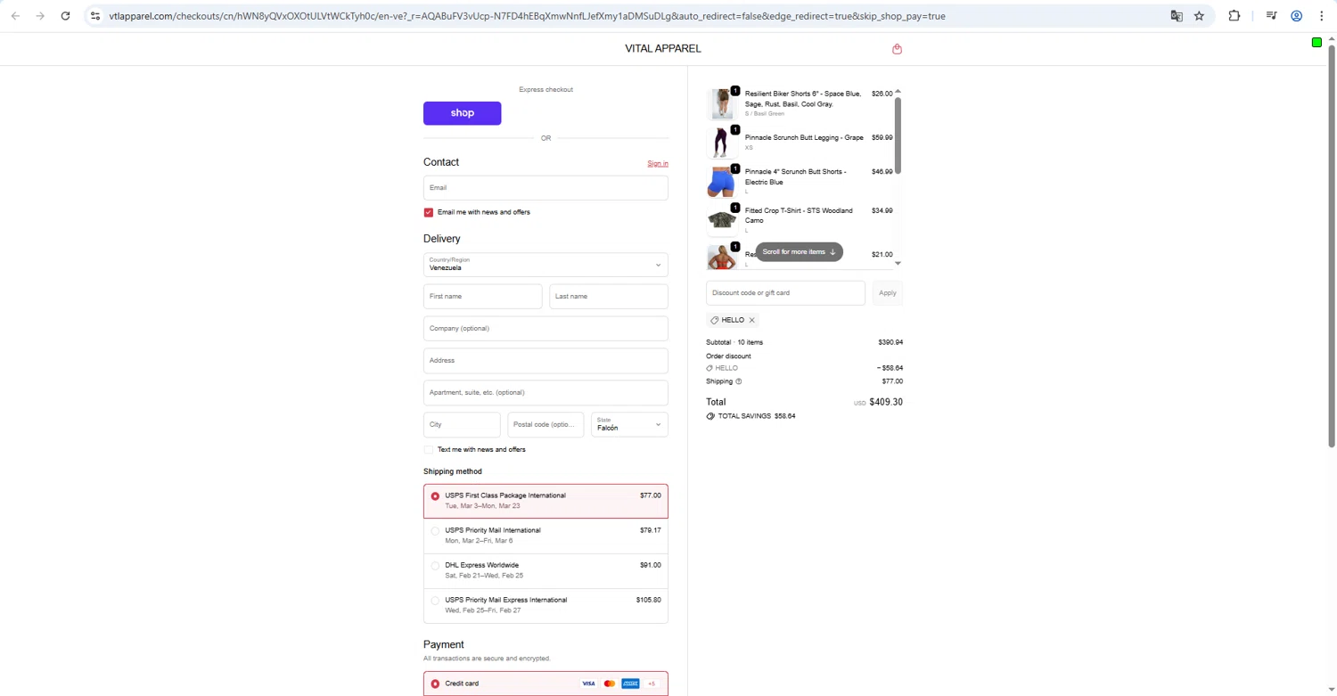 Vital Apparel checkout page showing Vital Apparel discount code box | Screenshot taken by SimplyCodes community member on Feb 19, 2026