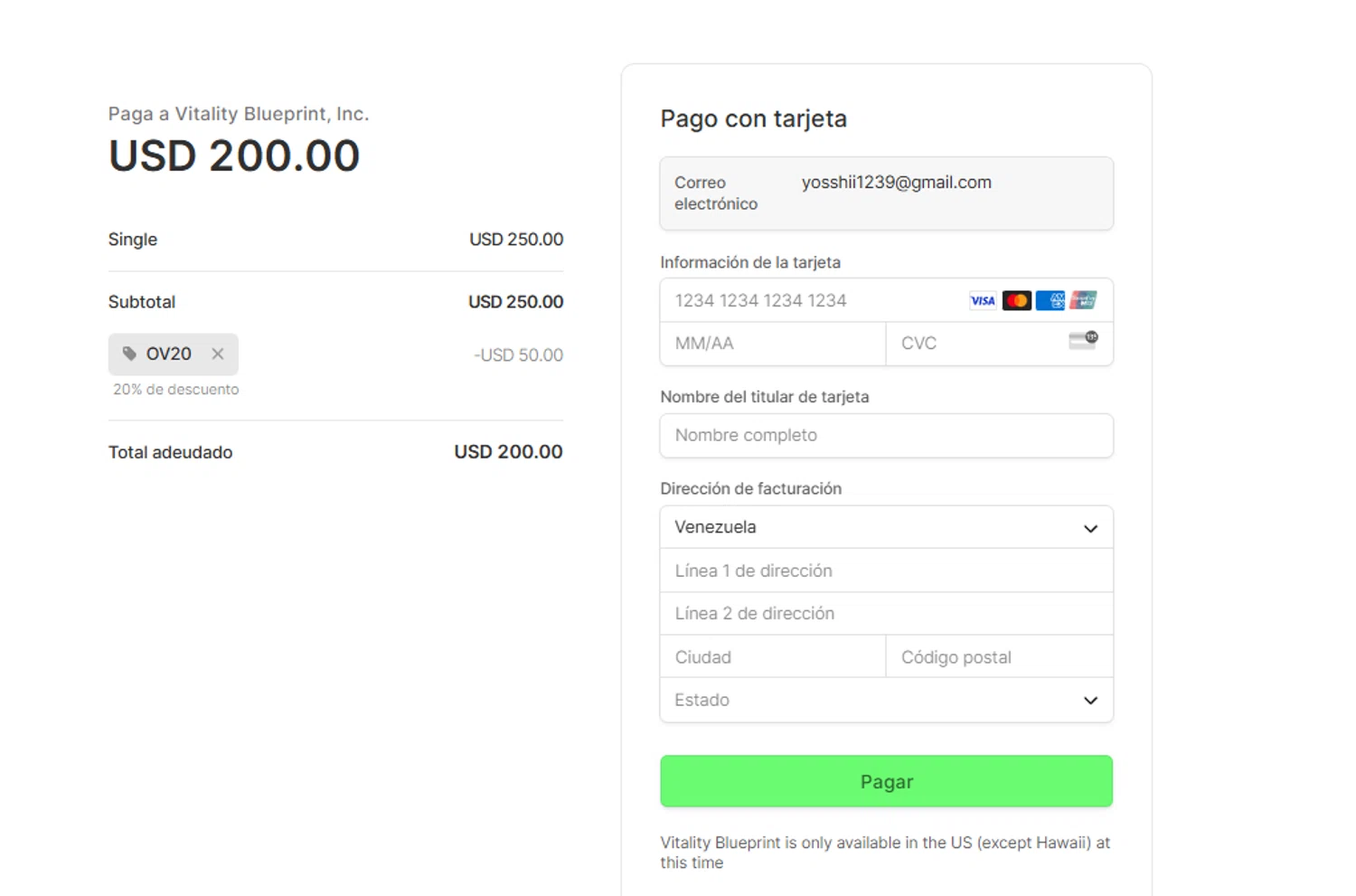 Vitality Blueprint promo code screenshot showing code OV20 applied at Vitality Blueprint checkout page. Uploaded by SimplyCodes community member shooou on Apr 5, 2025